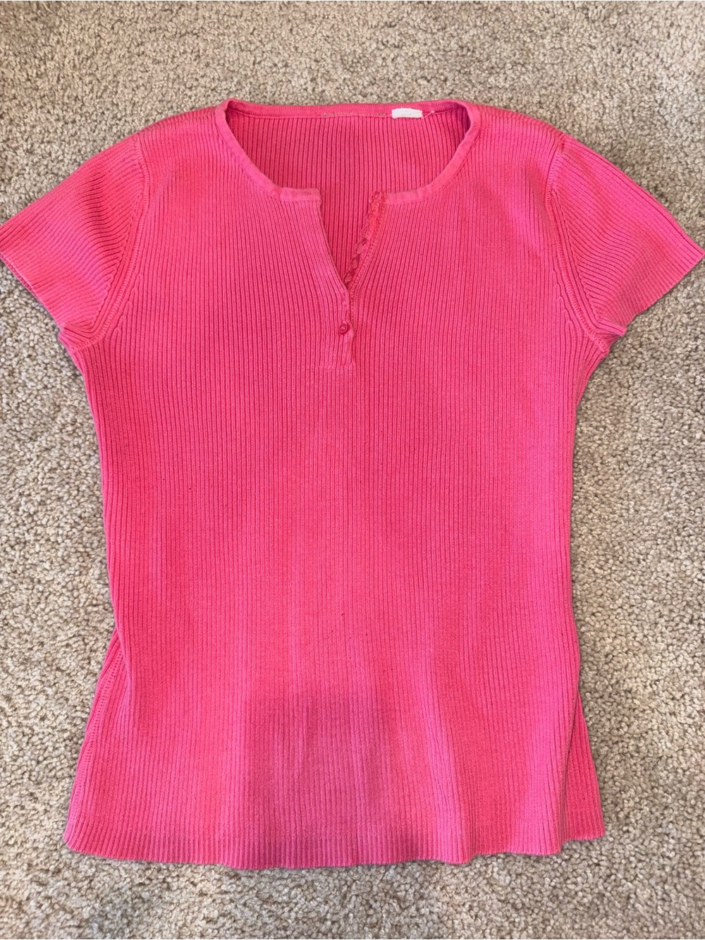 Ribbed Short-Sleeve Henley Top in Bright Pink